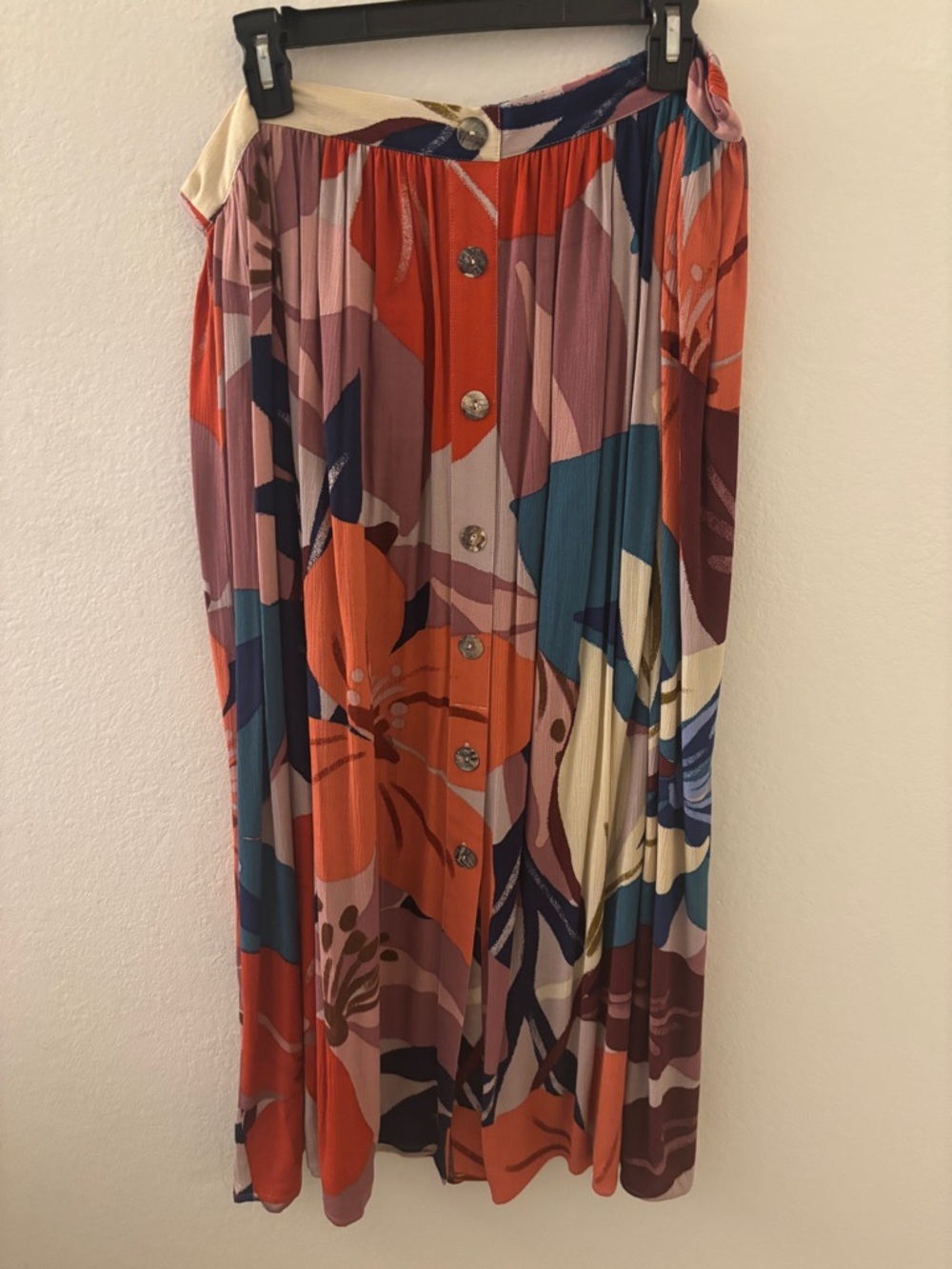 DR2 Floral Pleated Button-Front Midi Skirt in Orange, Blue, Cream & Purple